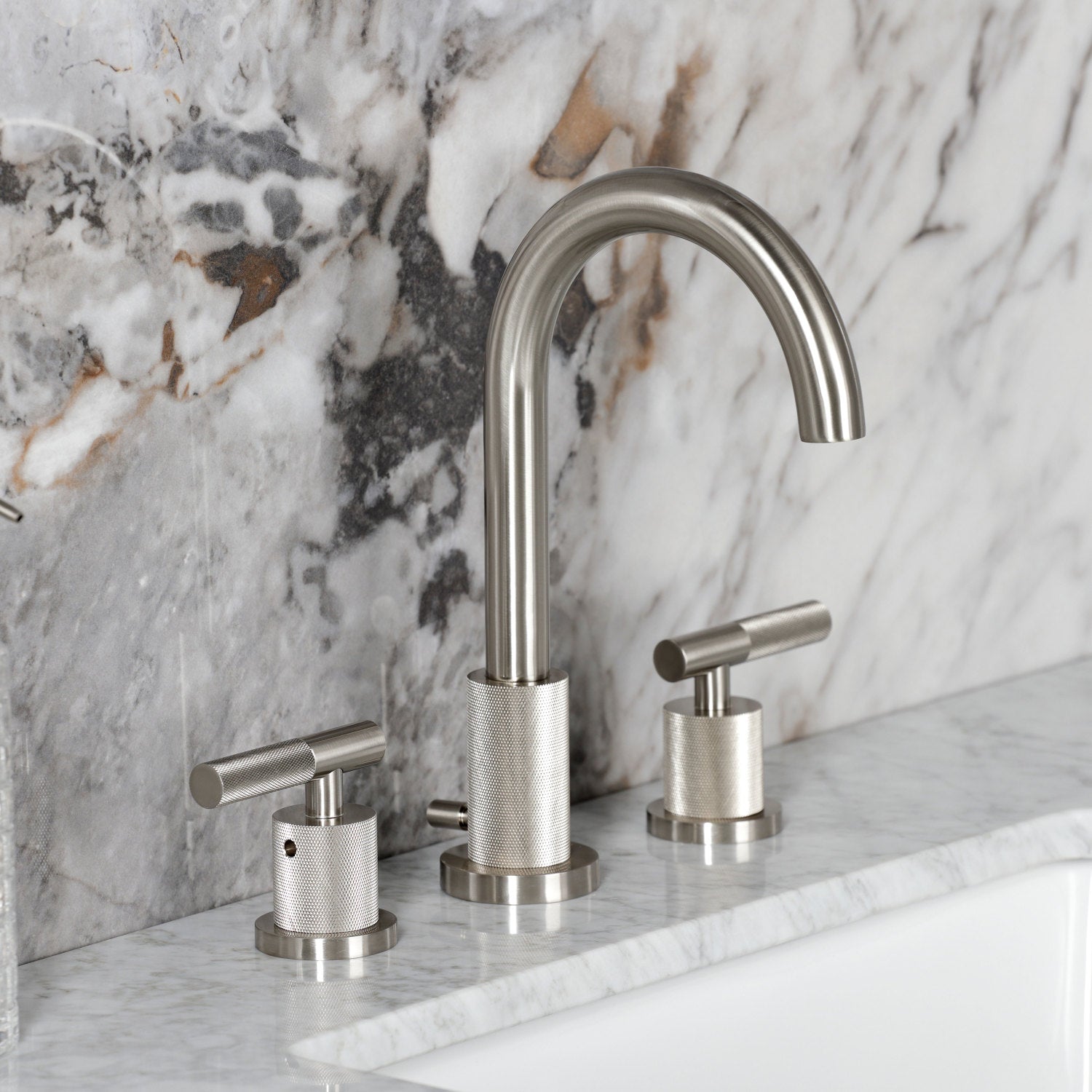 Kingston Sona FSC8928KNL - Convergent Two-Handle 3-Hole Deck Mount Widespread Bathroom Faucet with Knurled Handle and Brass Pop-Up, Brushed Nickel — thumbnail 3